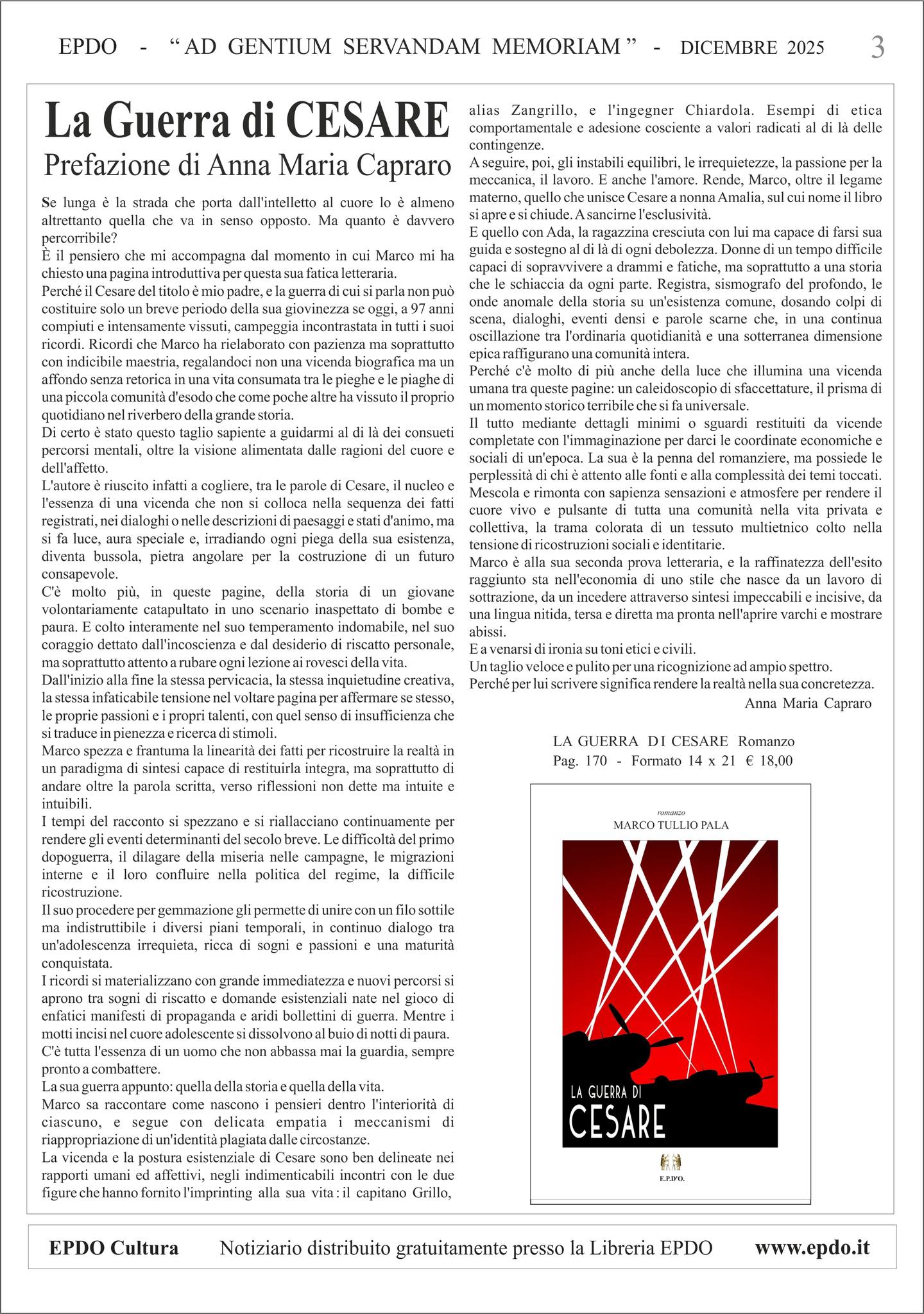 Notiziario Culturale EPDO Marco Tullio Pala